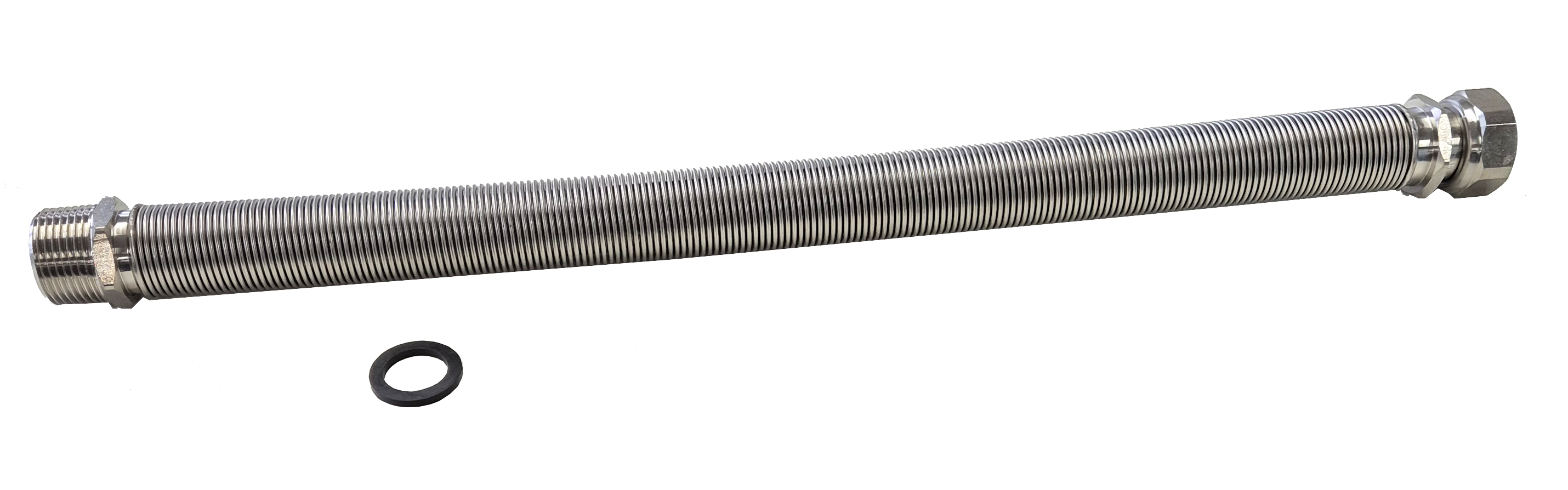 Hochflexible, in Länge ausziehbare Fertigschläuche mit Außengewinde und Überwurfmutter
