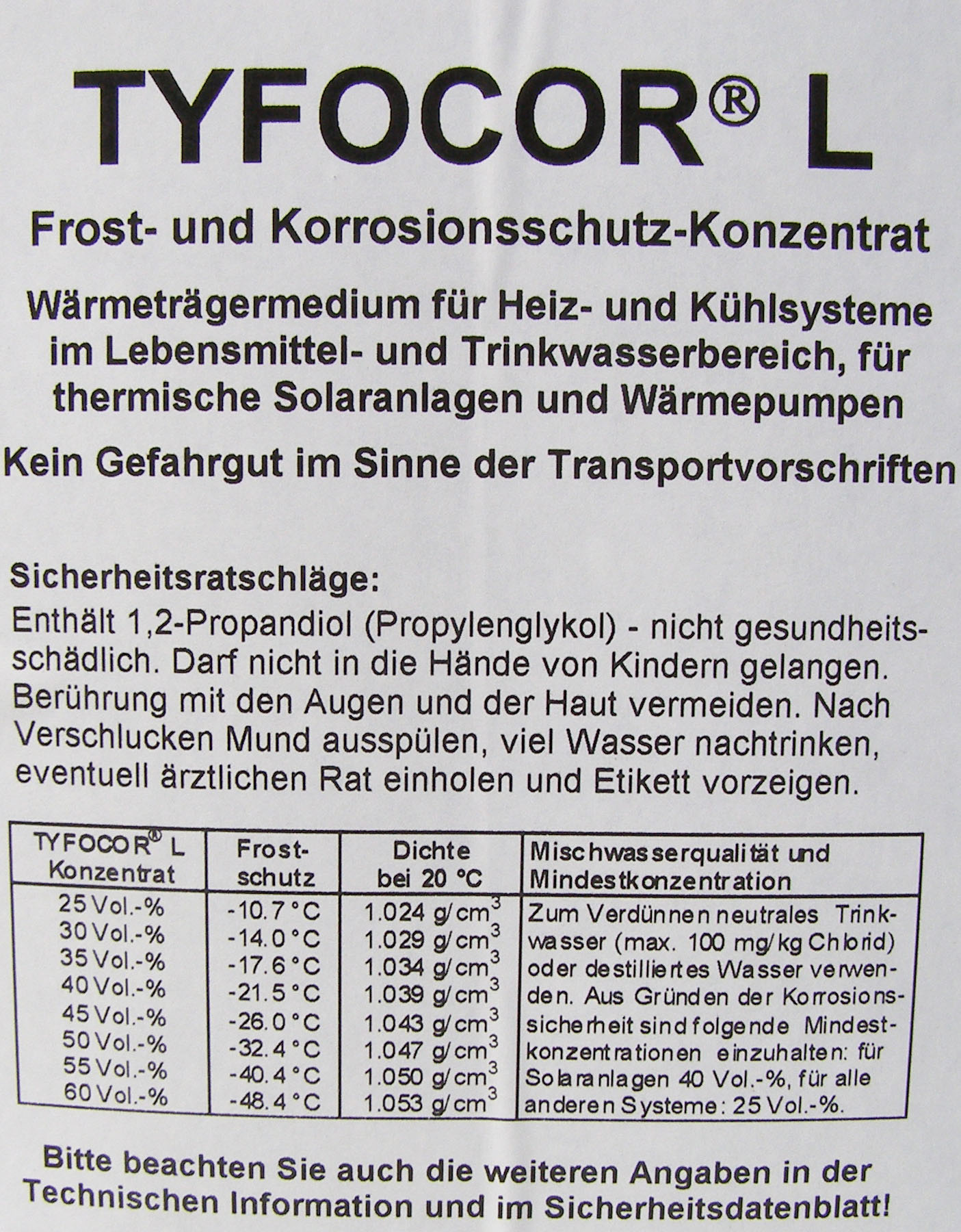 Frostschutz Konzentrat 16kg, Tyfocor L, Solarflüssigkeit