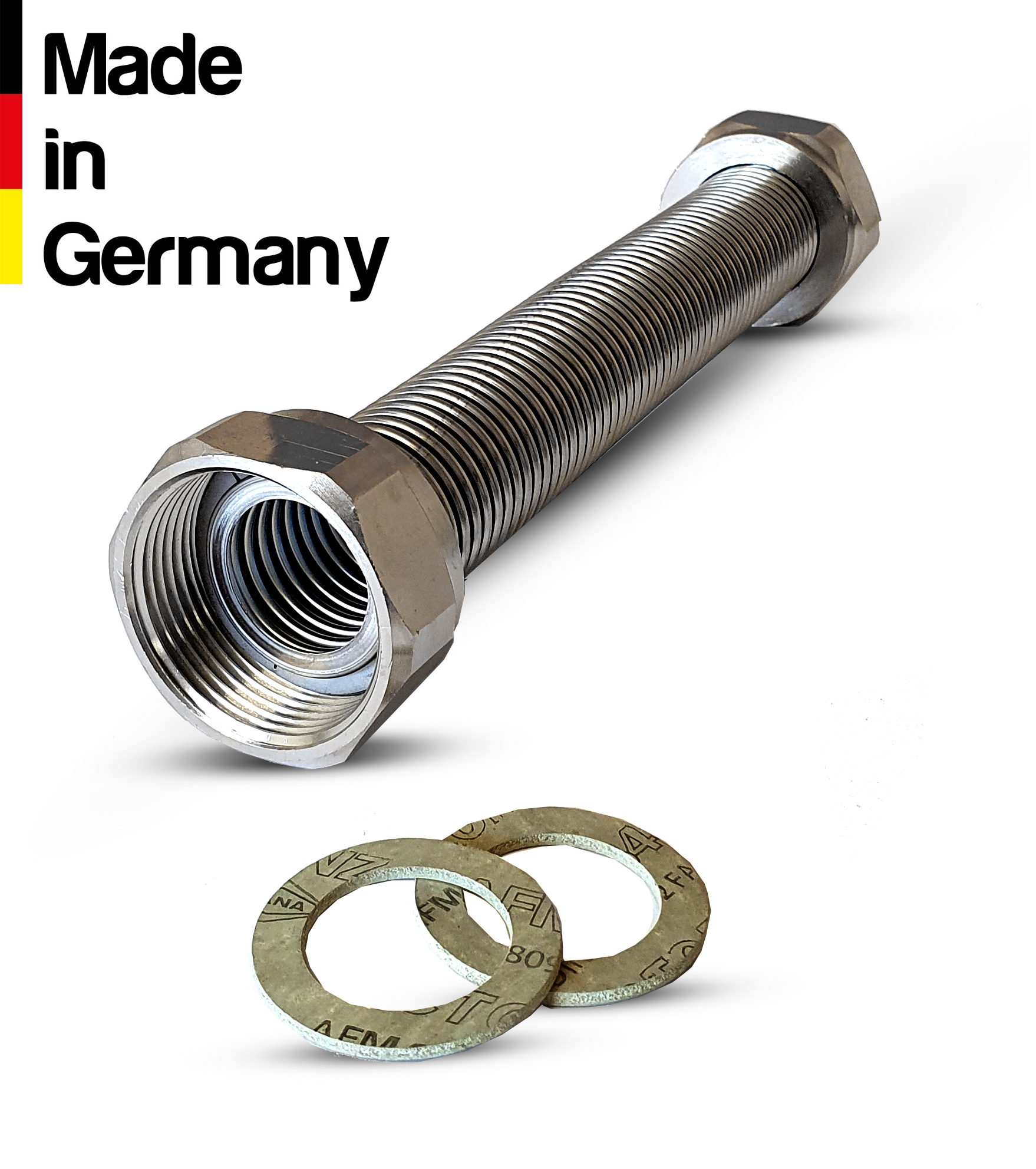 Edelstahlwellrohr fertig vormontiert DN8, DN12, DN16, DN20, DN25, DN32, DN40, DN50 inkl. Dichtungen